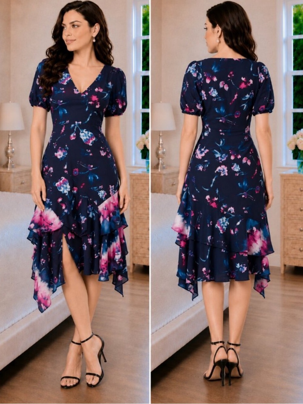 Tanya Taylor Estrella 100% Silk Navy Pink Floral Ruffle Midi Dress Size 6 NWT